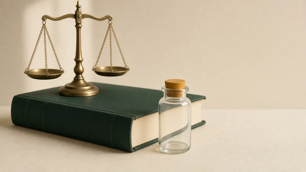 A brass balance scale on a closed bottle-green cloth book beside an empty clear glass vial with a cork stopper, on a cream surface.