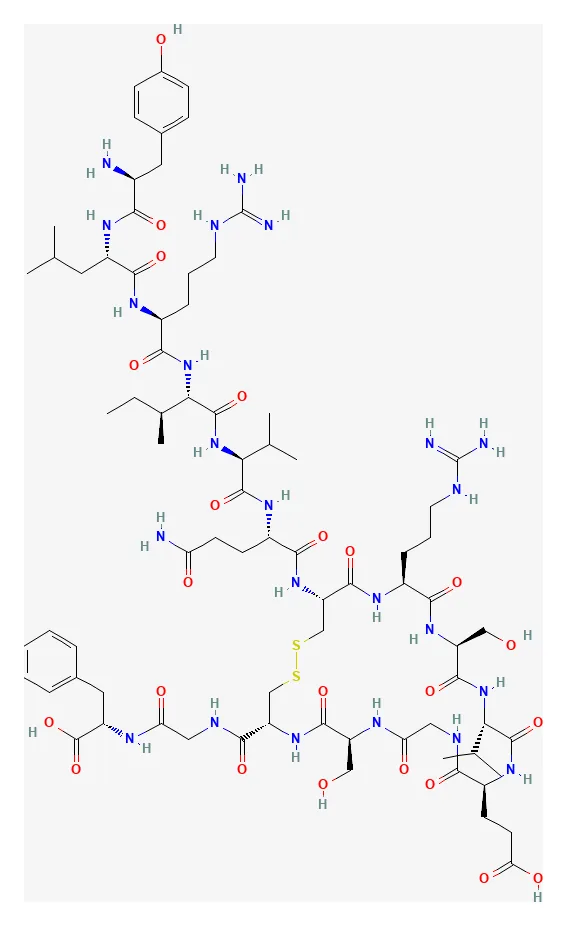 2D chemical structure of AOD-9604 (C78H123N23O23S2), as depicted by PubChem
