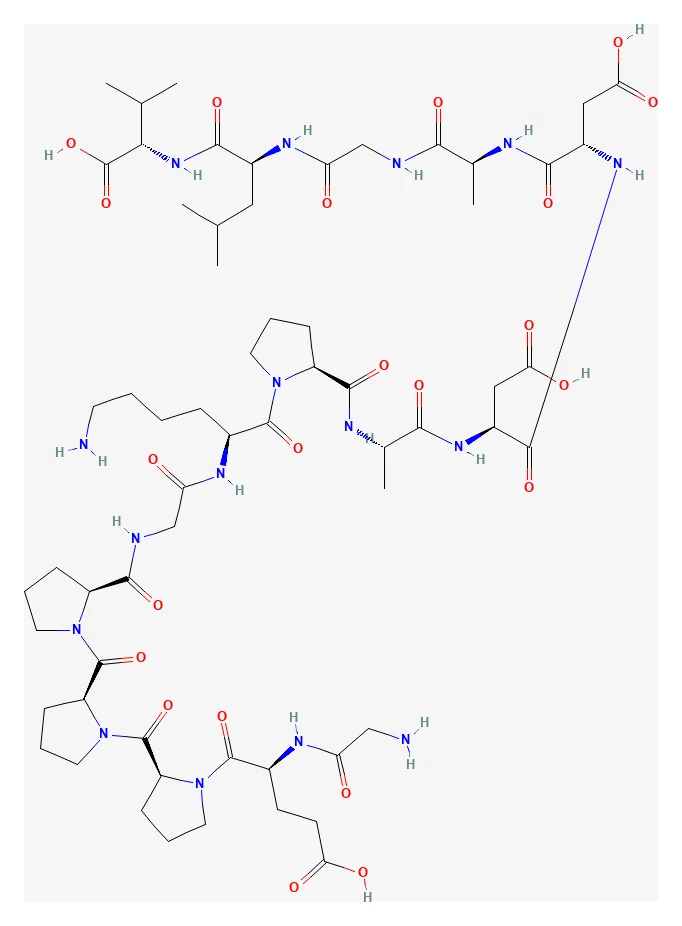 2D chemical structure of BPC-157 (C62H98N16O22), as depicted by PubChem