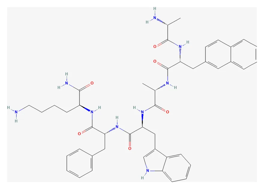 2D chemical structure of GHRP-2 (C45H55N9O6), as depicted by PubChem