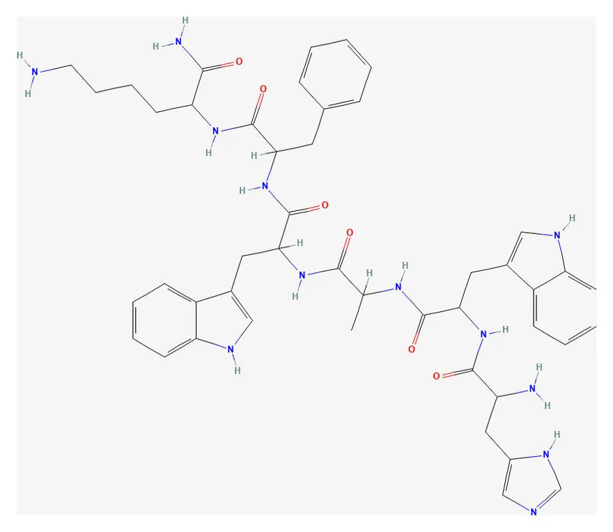 2D chemical structure of GHRP-6 (C46H56N12O6), as depicted by PubChem