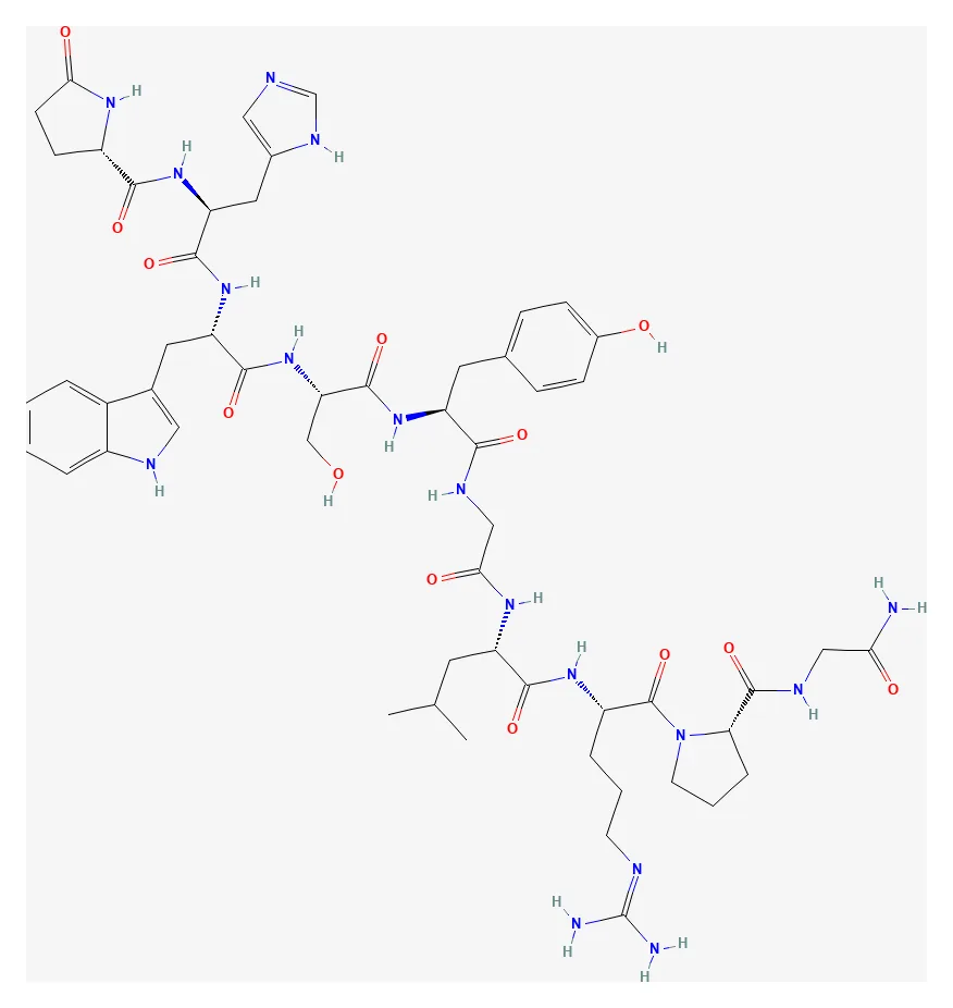 2D chemical structure of Gonadorelin (C55H75N17O13), as depicted by PubChem