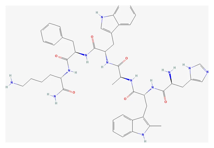 2D chemical structure of Hexarelin (C47H58N12O6), as depicted by PubChem