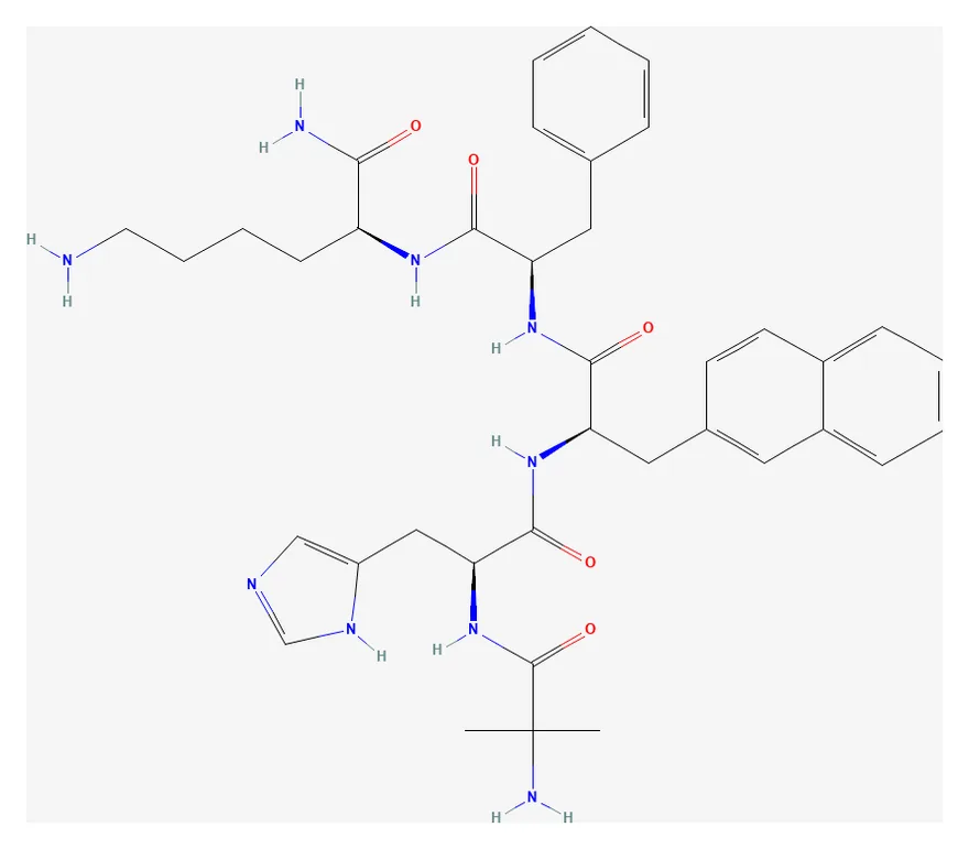 2D chemical structure of Ipamorelin (C38H49N9O5), as depicted by PubChem