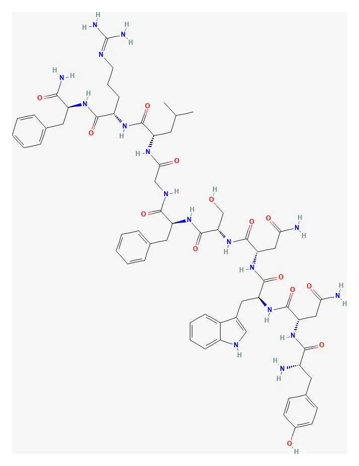 2D chemical structure of Kisspeptin-10 (C63H83N17O14), as depicted by PubChem