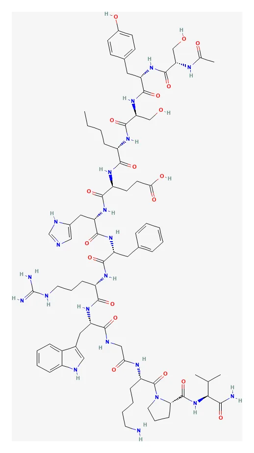2D chemical structure of Melanotan I (C78H111N21O19), as depicted by PubChem