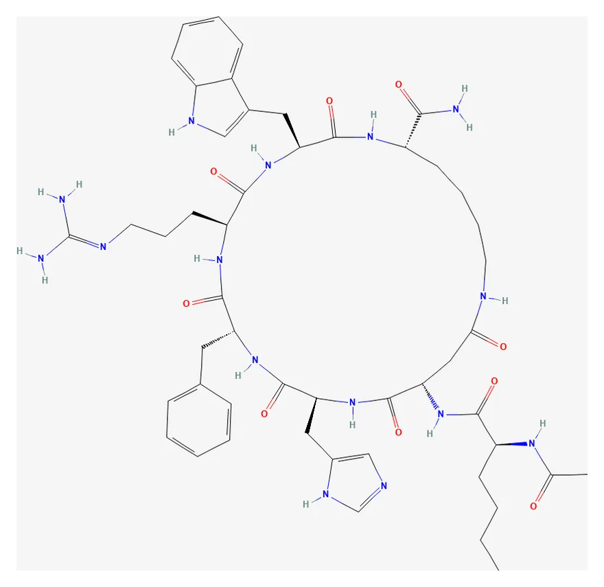 2D chemical structure of Melanotan II (C50H69N15O9), as depicted by PubChem