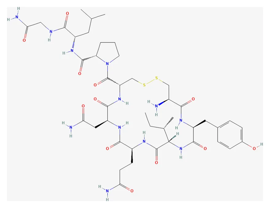 2D chemical structure of Oxytocin (C43H66N12O12S2), as depicted by PubChem