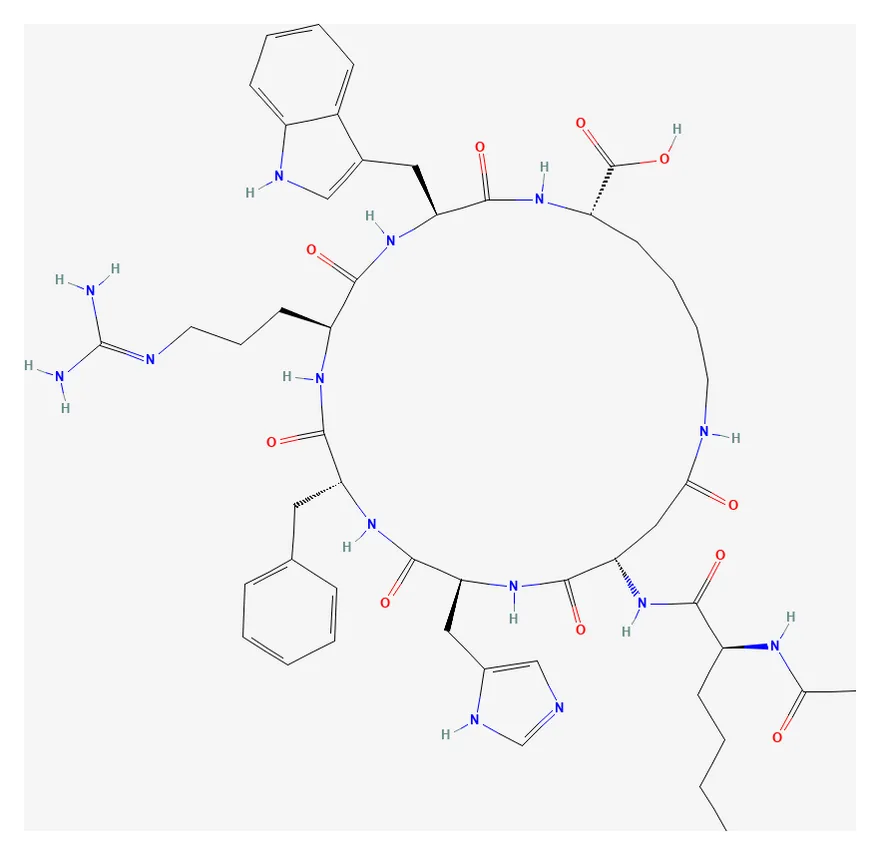 2D chemical structure of PT-141 (C50H68N14O10), as depicted by PubChem
