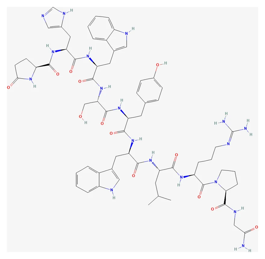 2D chemical structure of Triptorelin (C64H82N18O13), as depicted by PubChem